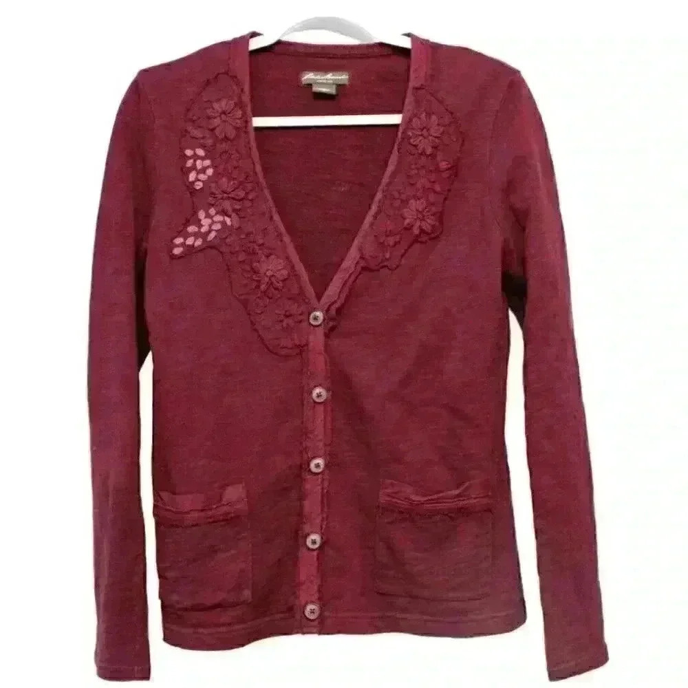 Eddie Bauer Cardigan Sweater Size Small 100% Cotton Purple Embroidered Floral